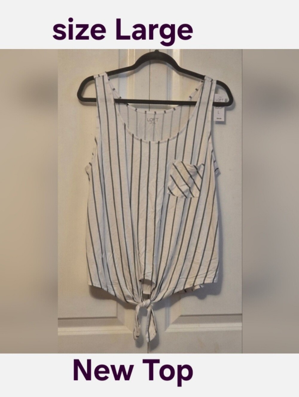 Loft Outlet Ladies size Large Black & White Sleeveless Striped Shirt Front Knot